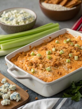 Buffalo Chicken Dip is a creamy, spicy, and savory dip made with shredded chicken, tangy buffalo sauce, cream cheese, and melted cheese. It’s the ultimate appetizer or party snack, served hot and perfect for dipping with chips, veggies, or crackers.