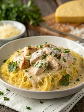 Chicken Alfredo Spaghetti Squash is a low-carb twist on a classic Alfredo pasta dish. Roasted spaghetti squash replaces traditional noodles, creating a creamy, satisfying meal packed with protein and flavor.