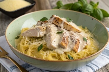 Chicken Alfredo Spaghetti Squash is a low-carb twist on a classic Alfredo pasta dish. Roasted spaghetti squash replaces traditional noodles, creating a creamy, satisfying meal packed with protein and flavor.