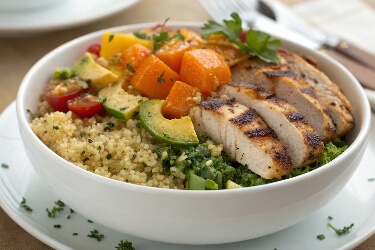 A Chicken Quinoa Bowl is a healthy and versatile dish featuring tender chicken, fluffy quinoa, and fresh vegetables. Packed with protein and nutrients, it’s perfect for a balanced meal that’s easy to customize.