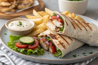 Chicken Shawarma is a Middle Eastern dish made with spiced, marinated chicken cooked to perfection. Typically served with warm pita bread, fresh vegetables, and a creamy garlic or tahini sauce, it’s a flavorful and satisfying meal.