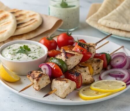 Greek Chicken Souvlaki is a delicious and healthy Mediterranean dish featuring marinated chicken grilled to perfection and served with pita bread, tzatziki sauce, and fresh vegetables. It’s flavorful, refreshing, and perfect for any meal.