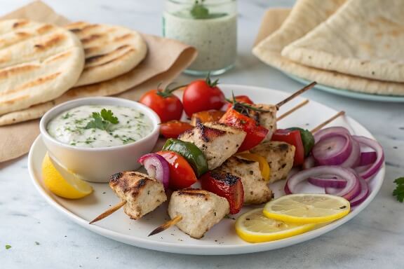 Greek Chicken Souvlaki is a delicious and healthy Mediterranean dish featuring marinated chicken grilled to perfection and served with pita bread, tzatziki sauce, and fresh vegetables. It’s flavorful, refreshing, and perfect for any meal.