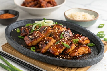 Korean BBQ Chicken is a flavorful and aromatic dish with a perfect balance of sweet, savory, and spicy flavors. The chicken is marinated in a delicious mix of Korean ingredients like gochujang (Korean chili paste) and soy sauce, then grilled to perfection. It’s perfect for a barbecue or a weeknight dinner.