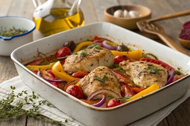 Mediterranean Chicken Bake is a one-pan dish packed with juicy chicken, vibrant vegetables, and Mediterranean flavors like olives, tomatoes, and feta cheese. It’s wholesome, easy to prepare, and perfect for busy weeknights.