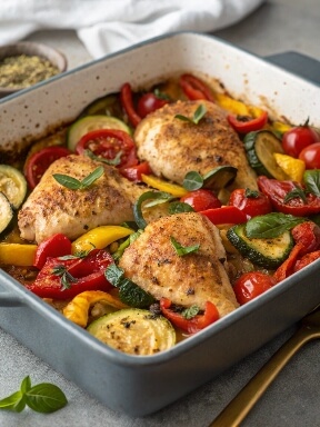 Mediterranean Chicken Bake is a one-pan dish packed with juicy chicken, vibrant vegetables, and Mediterranean flavors like olives, tomatoes, and feta cheese. It’s wholesome, easy to prepare, and perfect for busy weeknights.