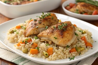 Oven-Baked Chicken and Rice is a simple, flavorful one-pan meal featuring tender chicken baked over perfectly seasoned rice. It’s a comforting dish perfect for busy weeknights or family dinners.

