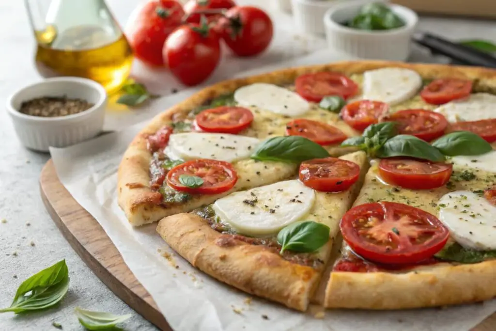 Caprese Pizza takes inspiration from the classic Italian Caprese salad, featuring fresh mozzarella, ripe tomatoes, and fragrant basil on a crispy crust. It’s a light, refreshing, and flavorful option for pizza lovers.