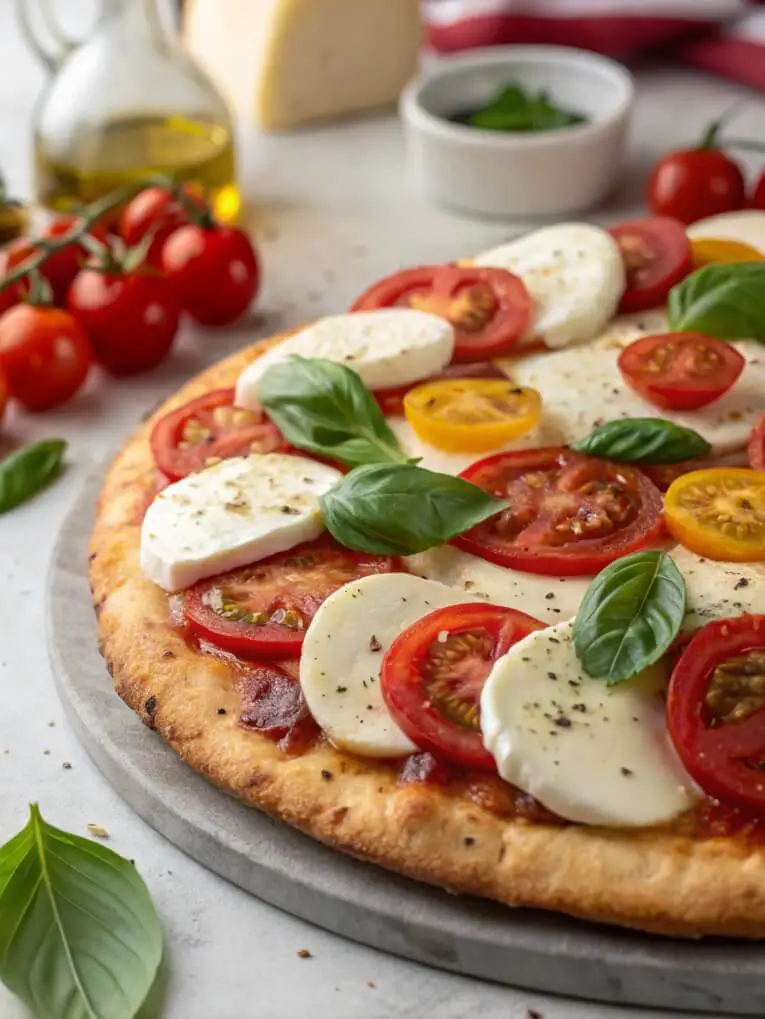 Caprese Pizza takes inspiration from the classic Italian Caprese salad, featuring fresh mozzarella, ripe tomatoes, and fragrant basil on a crispy crust. It’s a light, refreshing, and flavorful option for pizza lovers.