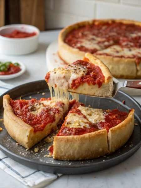 Chicago Deep-Dish Pizza is a thick, hearty pizza baked in a deep pan. It features a buttery crust, layers of gooey cheese, flavorful toppings, and chunky tomato sauce on top. This indulgent pizza is perfect for those who love a fork-and-knife experience!