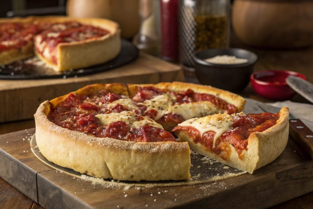 Chicago Deep-Dish Pizza is a thick, hearty pizza baked in a deep pan. It features a buttery crust, layers of gooey cheese, flavorful toppings, and chunky tomato sauce on top. This indulgent pizza is perfect for those who love a fork-and-knife experience!