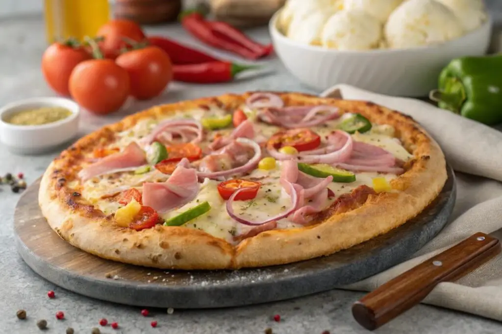 Cuban Pizza, also known as "Pizza Cubana," is a unique take on traditional pizza, known for its thick, slightly sweet crust and generous toppings of cheese and meat. Originating from Cuba, this pizza is loaded with a mix of mozzarella and gouda cheese and often includes toppings like ham, chorizo, or roasted pork.
