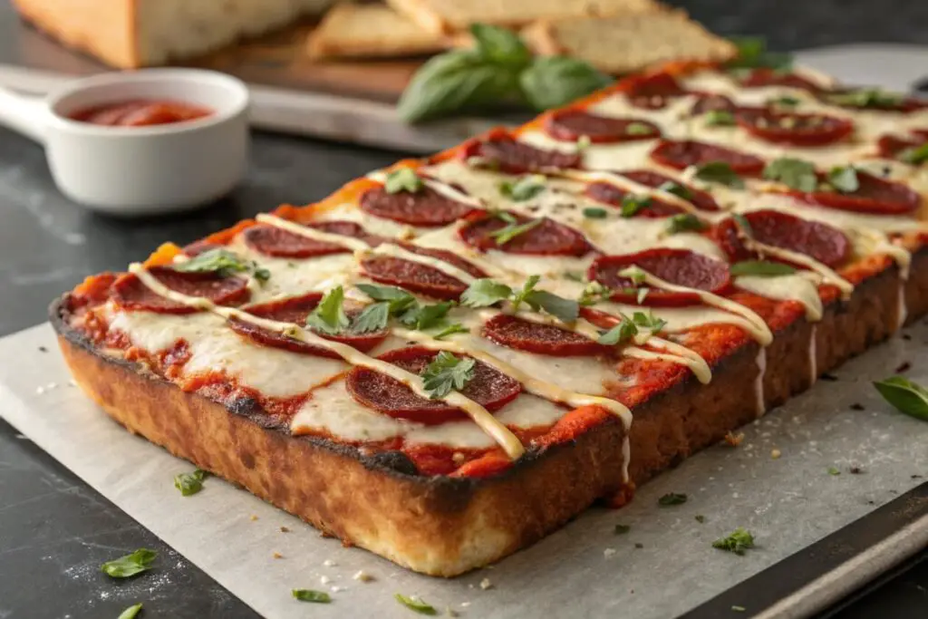 Detroit-Style Pizza is a thick, rectangular pizza with a crispy, caramelized crust, melty cheese, and a signature stripe of tomato sauce. This iconic pizza is baked in a deep, rectangular pan, giving it a unique texture and flavor.