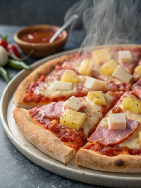 Hawaiian Pizza is a unique blend of sweet and savory, featuring tangy pineapple chunks, salty ham, gooey mozzarella cheese, and a crisp crust. It’s a tropical twist on a pizza classic, perfect for fans of bold flavor combinations.