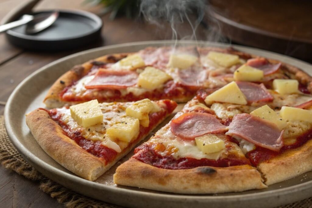 Hawaiian Pizza is a unique blend of sweet and savory, featuring tangy pineapple chunks, salty ham, gooey mozzarella cheese, and a crisp crust. It’s a tropical twist on a pizza classic, perfect for fans of bold flavor combinations.