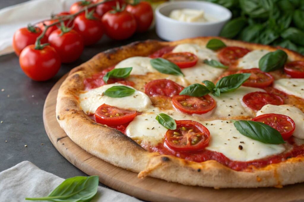 Margherita Pizza is a classic Italian dish featuring a thin crust topped with fresh mozzarella, vibrant tomato sauce, and fragrant basil leaves. It’s simple yet flavorful, showcasing the beauty of fresh, high-quality ingredients.