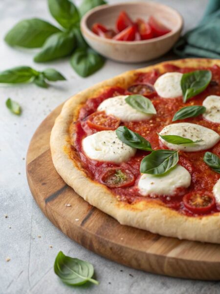 Margherita Pizza is a classic Italian dish featuring a thin crust topped with fresh mozzarella, vibrant tomato sauce, and fragrant basil leaves. It’s simple yet flavorful, showcasing the beauty of fresh, high-quality ingredients.