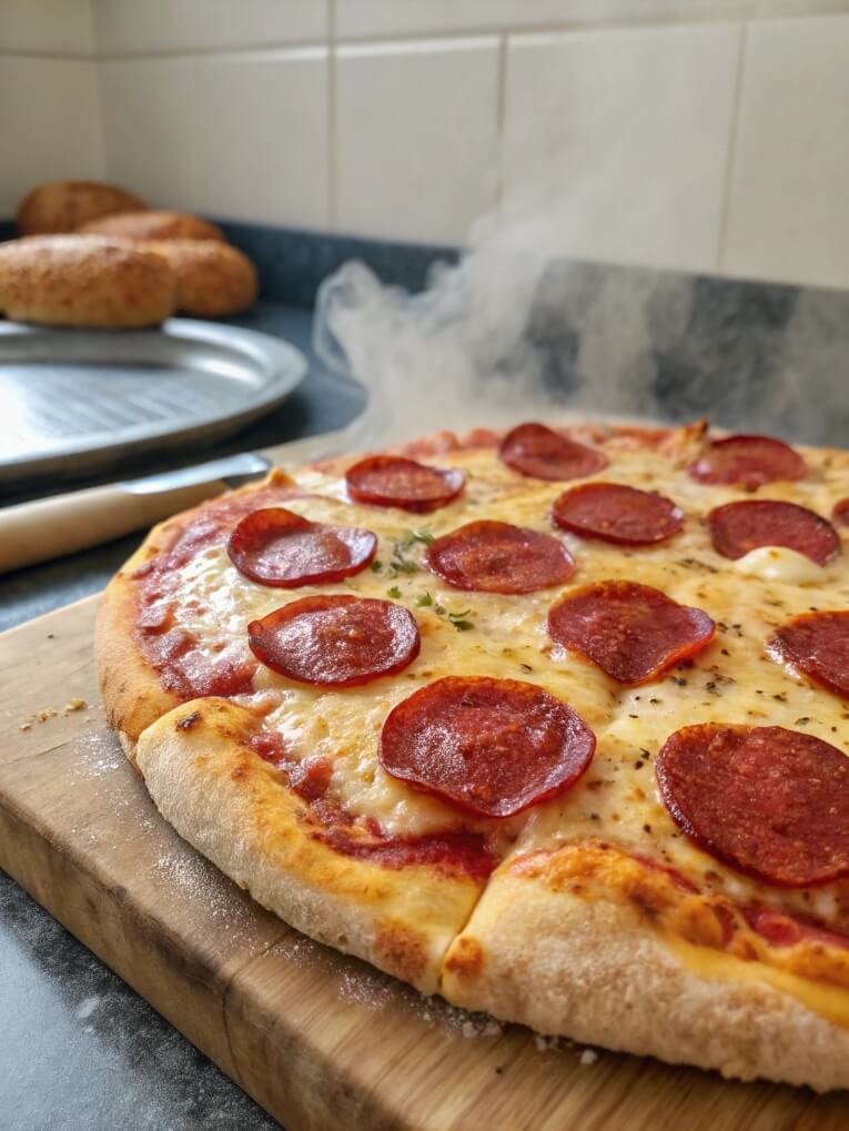 Pepperoni Pizza is a classic crowd-pleaser with a thin and crispy crust, zesty tomato sauce, gooey mozzarella cheese, and spicy, smoky pepperoni slices. Perfect for pizza nights or any casual gathering.