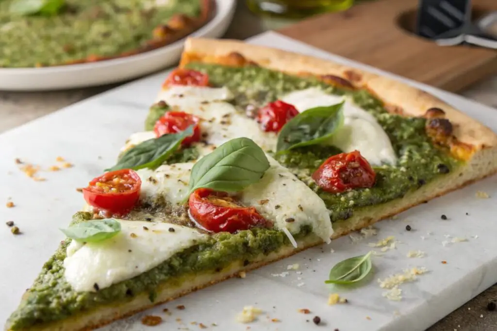 Pesto Pizza is a delightful twist on the classic pizza, using vibrant green basil pesto as the base. Topped with fresh mozzarella, cherry tomatoes, and optional leafy greens, this pizza is bursting with flavor and freshness.