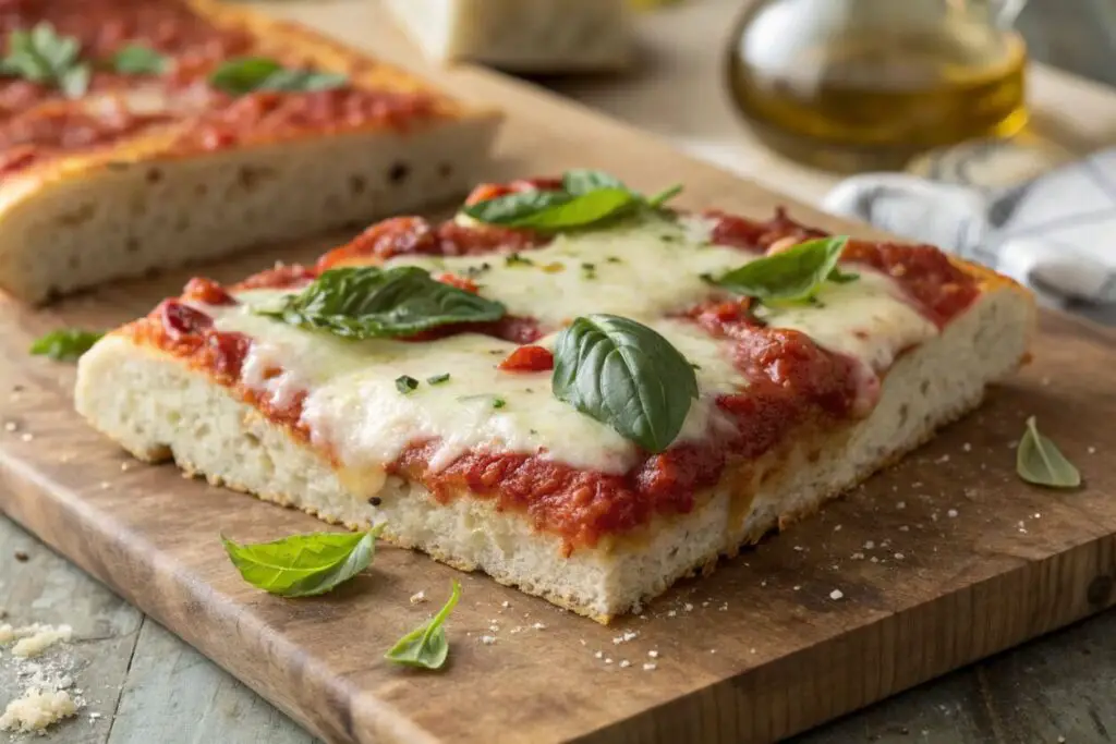 Sicilian Pizza is a hearty and flavorful dish with a thick, soft crust baked in a rectangular pan. It’s topped with rich tomato sauce, gooey cheese, and a variety of optional toppings like pepperoni, anchovies, or olives. This pizza is known for its rustic, comforting appeal and is perfect for feeding a crowd.