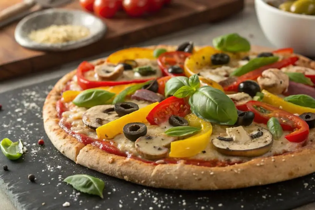 Veggie Pizza is a wholesome and colorful pizza topped with a medley of fresh vegetables, melty cheese, and classic marinara sauce. It’s a delicious and healthy option for pizza lovers!